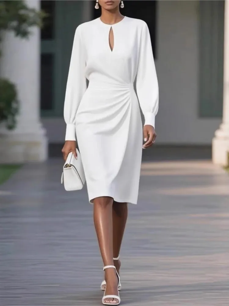 Damska wiosenna sukienka z długim rękawem, modna, z dekoltem typu O, z wycięciami, plisowana w talii, sukienki na jesień, eleganckie sukienki na przyjęcia dla kobiet.