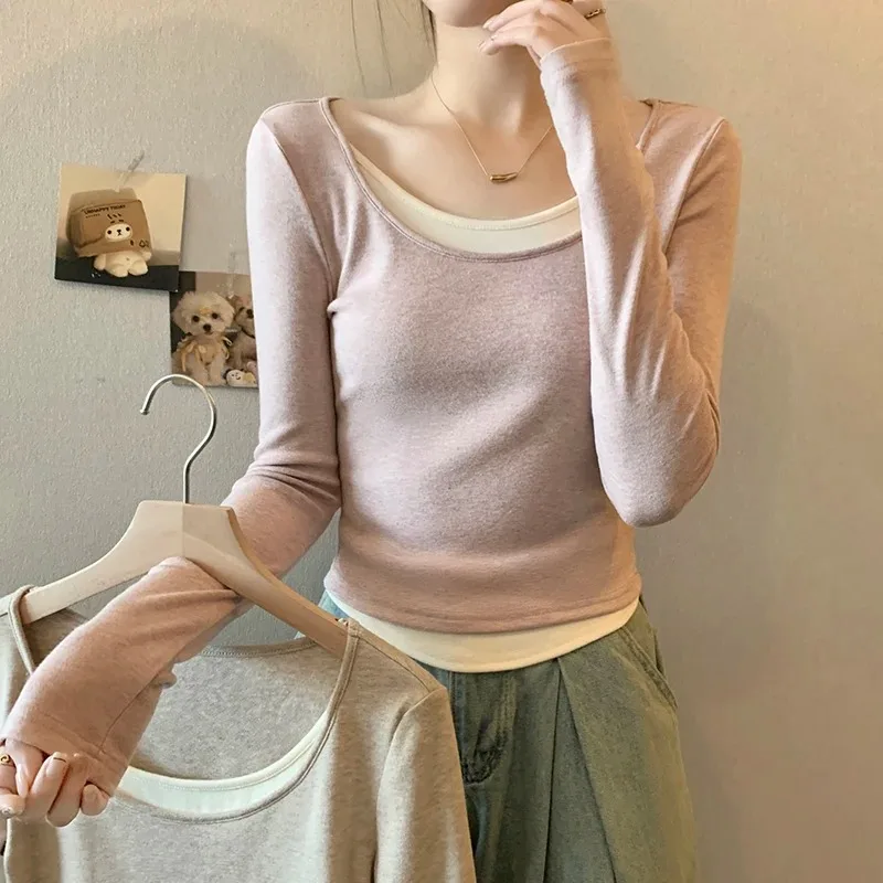 Patchwork Women T-shirts Autumn and Winter U-Collar Long Sleeves Shirt Slim Fit Short Knit Flattering Ladies Top Female 2025 New