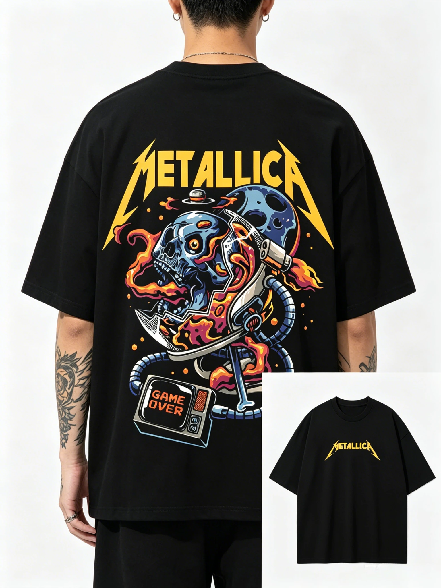 2026    Men Space Skull Fire Graphic T Shirt Vintage Heavy Metal Short Sleeve Crew Neck Cotton Streetwear Tops