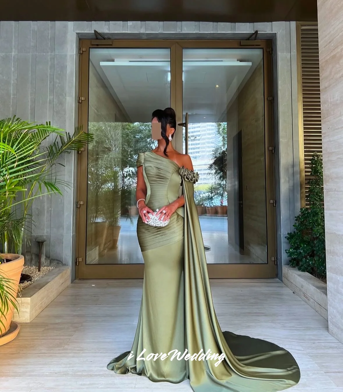 

Green One Shoulder Evening Dress 2025 Flower Mermaid Pleat Sweep Train Floor-Length Prom Dresses Wedding Party Dress Customized
