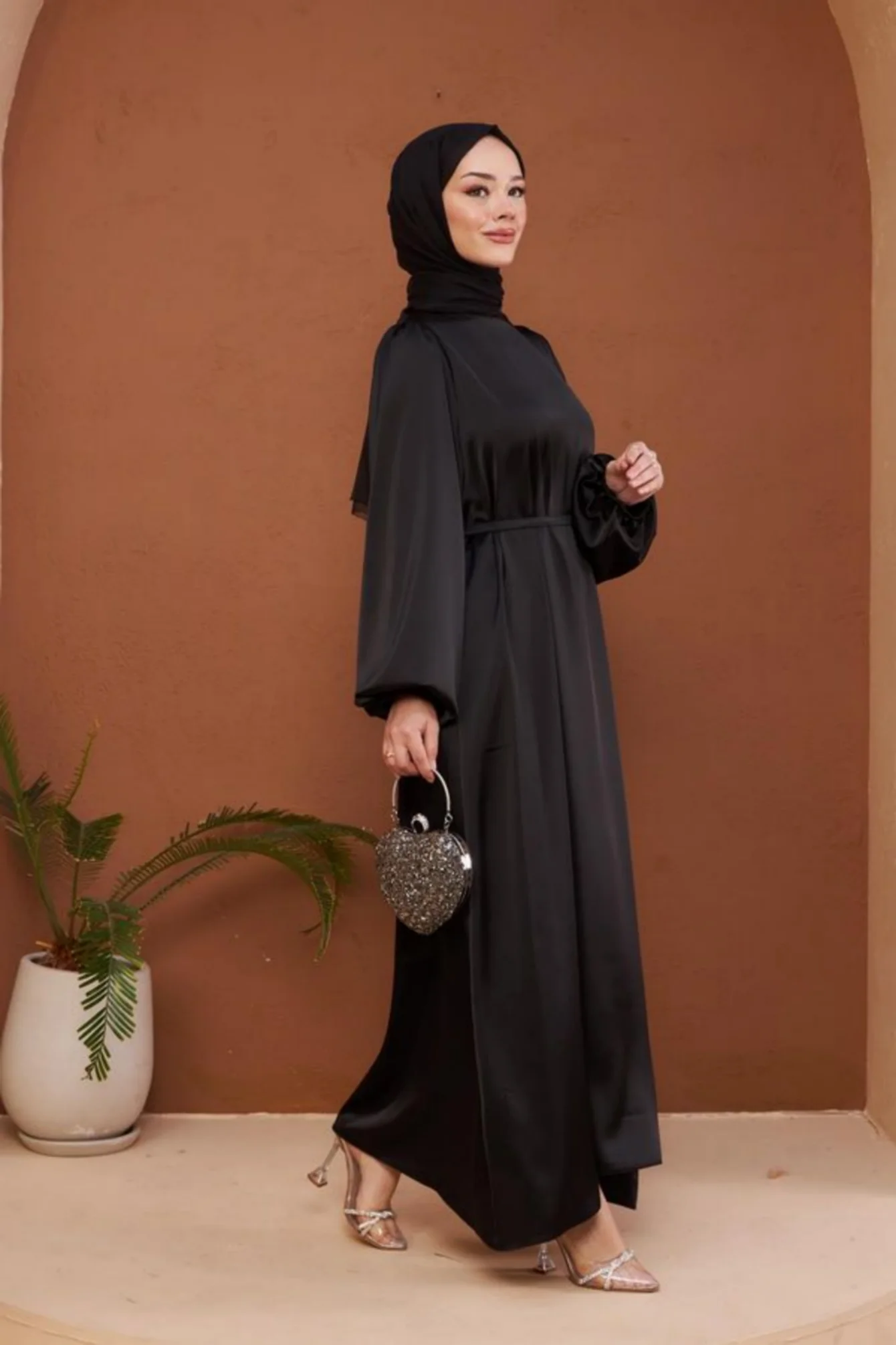 فستان نسائي مسلم بأكمام طويلة مع حزام، أحادي اللون، الشرق الأوسط، ربيع وصيف خريف جديد
