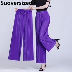 Letnie Spodnie o długości do kostek 95cm szerokie Spodnie oversize 4xl kobiety workowate pantalony cienkie lodowy jedwab Spodnie wysoki stan proste Spodnie