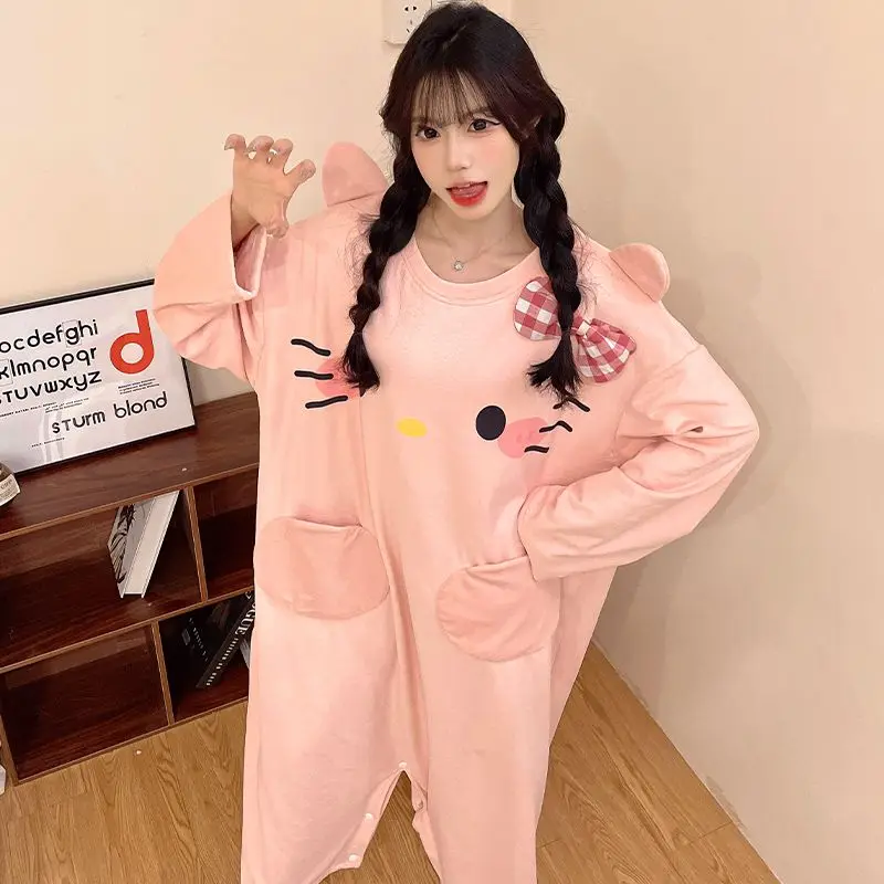 

Женский плюшевый комбинезон Hello Kitty, зимняя флисовая одежда для отдыха, уютная домашняя одежда, мягкий комбинезон, удобная одежда для сна