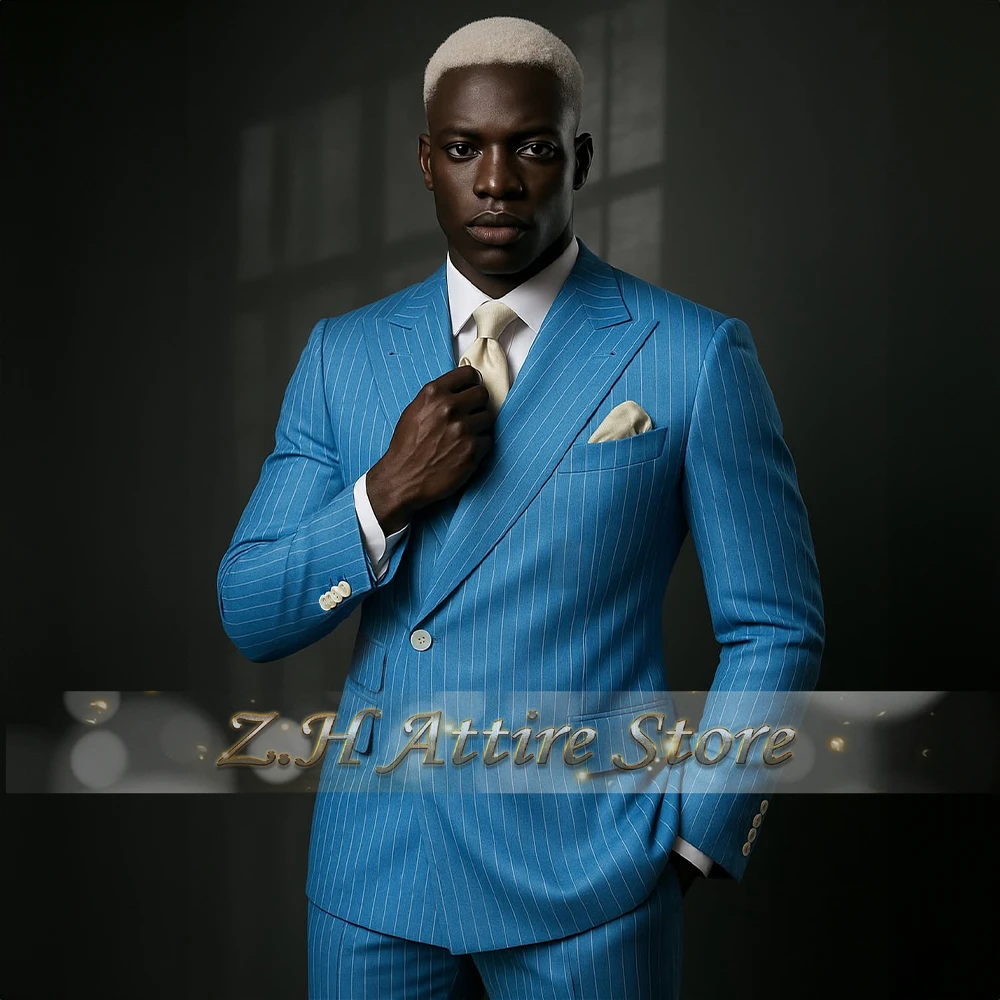 

Classic men's striped 2pcs suit peak lapel single-button jacket and pants custom fit for wedding emcees prom party male tuxedo