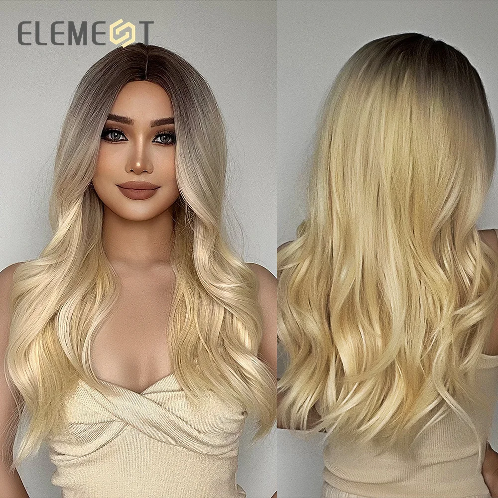 

Element Synthetic Long Water Wavy Wig Brown Ombre to Platinum Blonde Middle Part Hair Wigs for Women Heat Resistant Party Daily