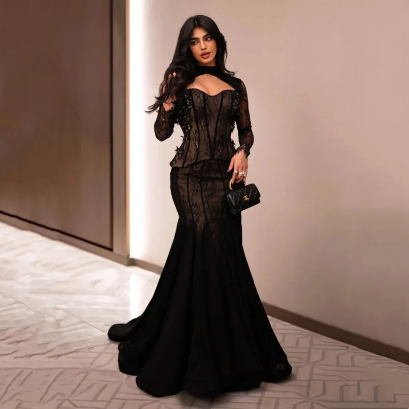

Роскошное черное кружевное вечернее платье русалки с длинными рукавами, блестящие кристаллы, иллюзия, аппликации, длинное платье со шлейфом, 2025 г., по индивидуальному заказу