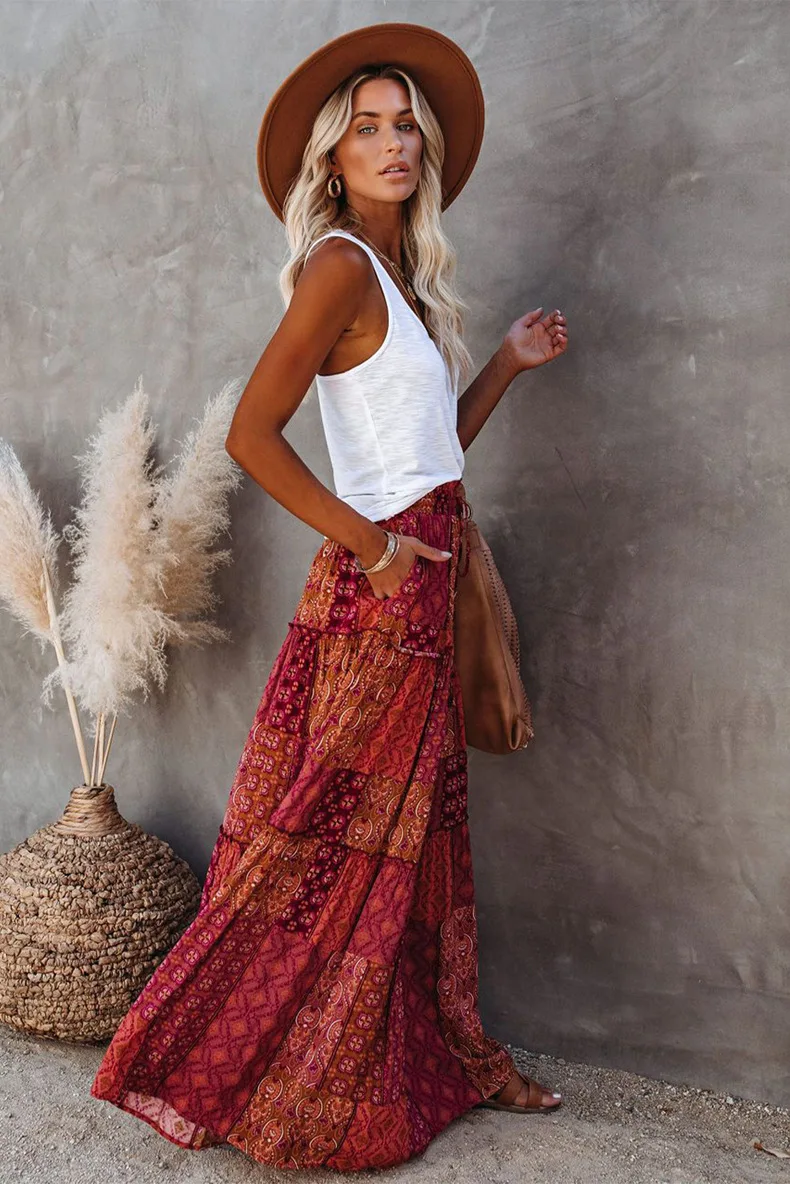 Summer Casual Faldas Loose Long Skirt Women Vintage Beach Ladies Saia Maxi Bohemian High Waist Skirts Woman Clothes Ethnic Style