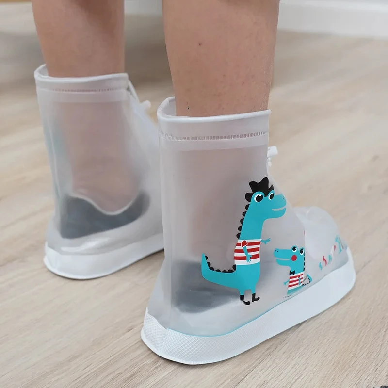 Kids Cartoon Dinosaur Waterproof Shoes Cover Middle Tube Overshoes Children Zipper Non-slip Elastic Rain Shoes Cover Rain Boot