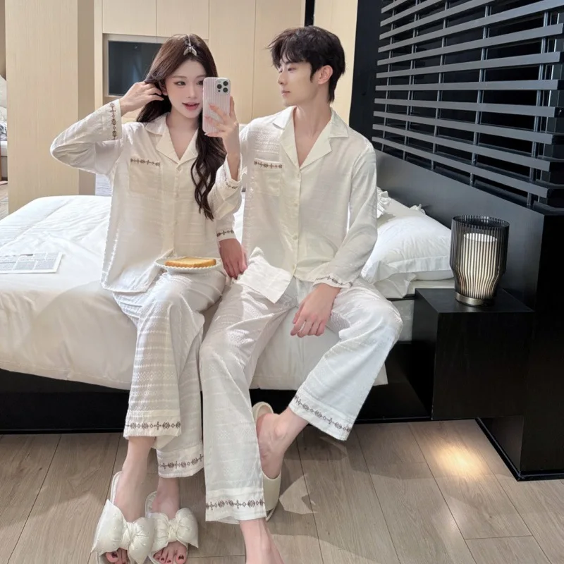 Women Man Couple Ice Silk Luxury Pajamas 26 Autumn Winter Long-sleeve Pants 2piece Set High-end Stylish Nightgown Sleepwear