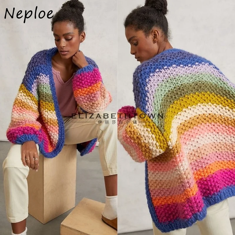 Neploe 2024 Autumn Winter Punk Style Cardigans Femme Handmade Rainbow Striped Contrast Thick Needle Sweater Coat Women Clothing