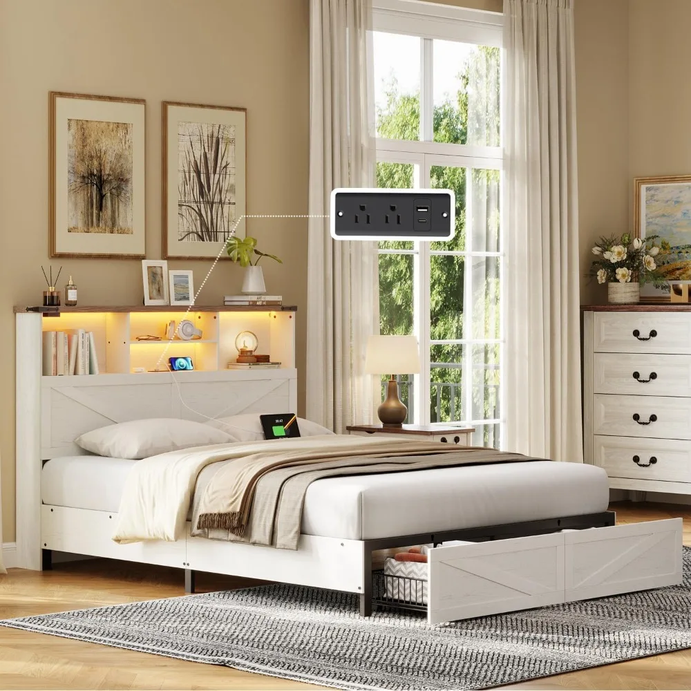 

Full Size Bed Frame with Bookshelf,Bookcase High Headboard with Charging Station,LED Light, Storage Drawers,No Box Spring Needed