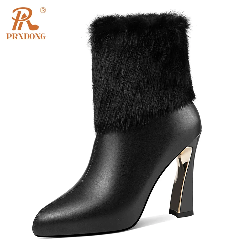 

PRXDONG 2023 New Brand Genuine Leather Autumn WInter Warm Ankle Boots High Heels Real Fur Black Beige Dress Party Female Shoes 8