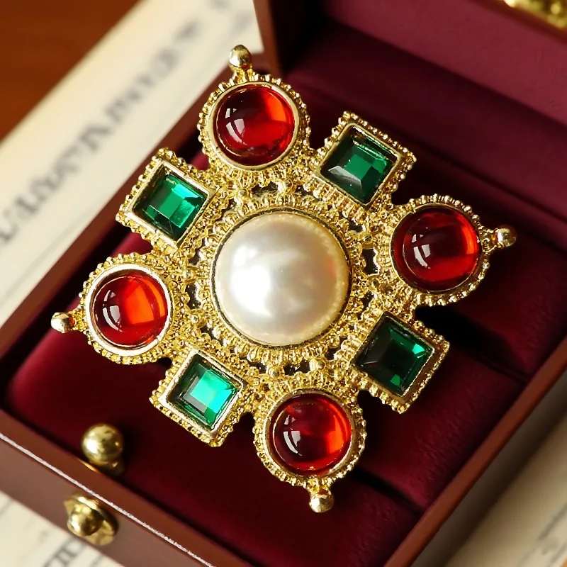 Retro Palace Baroque Style Cross Colored Gem Brooch Women's Elegant Coat Scarf Sweater Pin Corsage Accessory Party Gift