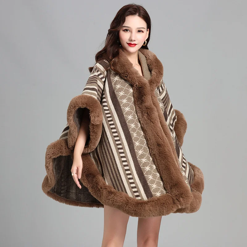 

Autumn Winter Cloak Coat Women's Hooded Shawl Overcoat Streetwear Knitted Printed Loose Cape Rabbit Fur-edge Mantle Outerwear