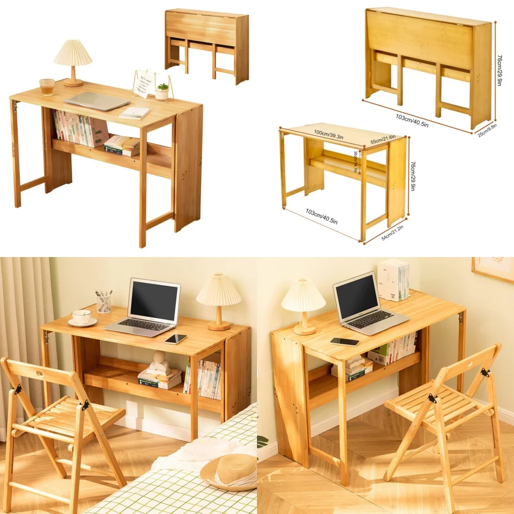 コンピューターデスク41インチ竹製コンピューターデスク折りたたみ式ワークデスクホームオフィス用省スペースライティングテーブル