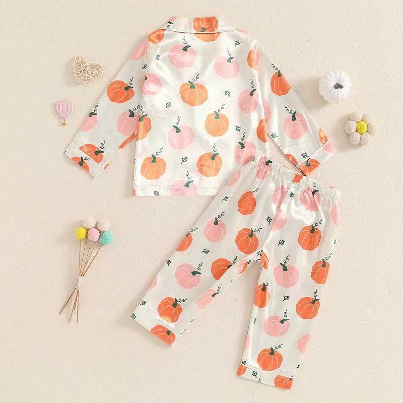 Little Girls Halloween Satin Pajama Set Pumpkin Print Long Sleeve Button Down Tops Elastic Waist Pants Autumn 2 Piece Set