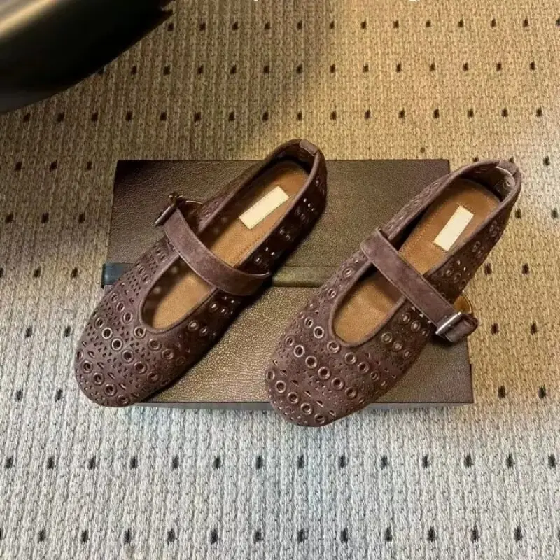 

Genuine Leather Suede Rivet Hollow Mary Jane Shoes With Flat Buckle Strap For Women's Ballet Dance, Breathable Single Shoe