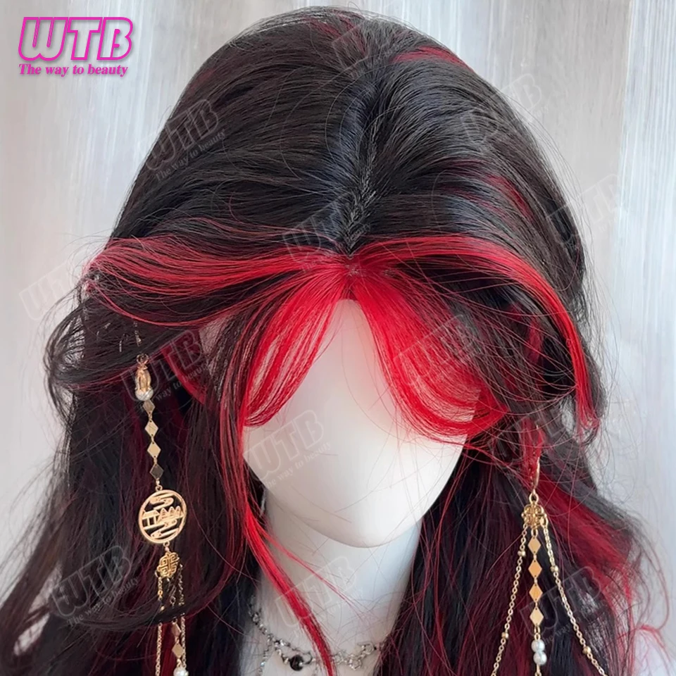 WTB Black Highlighted Red Synthetic Lolita Wig with Fluffy Curls Suitable for Women and Girls' Everyday Cosplay Wear
