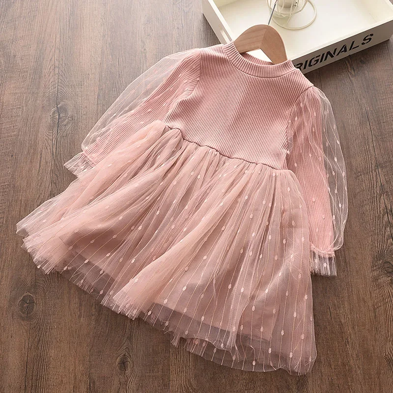 Menoea Baby Girl Cute Costume Fall 2023 Children Mesh Cotton Dress with Long Puff Sleeve Princess Dresses Winter Dress for Girls