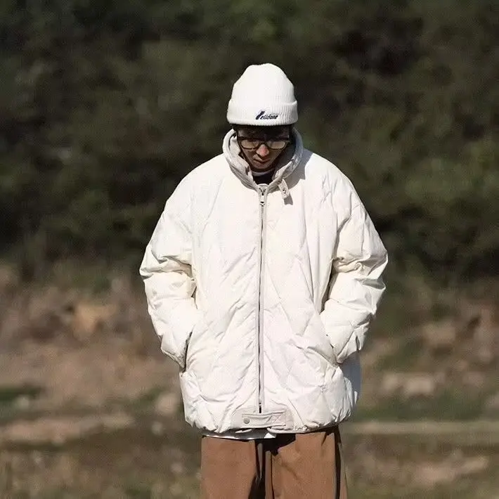 

New Chinese Sle Men's Cotton Jaet Diamond Pattern Warmth Outerwear Loose Fit Youth Trend Stand Collar Regular Length