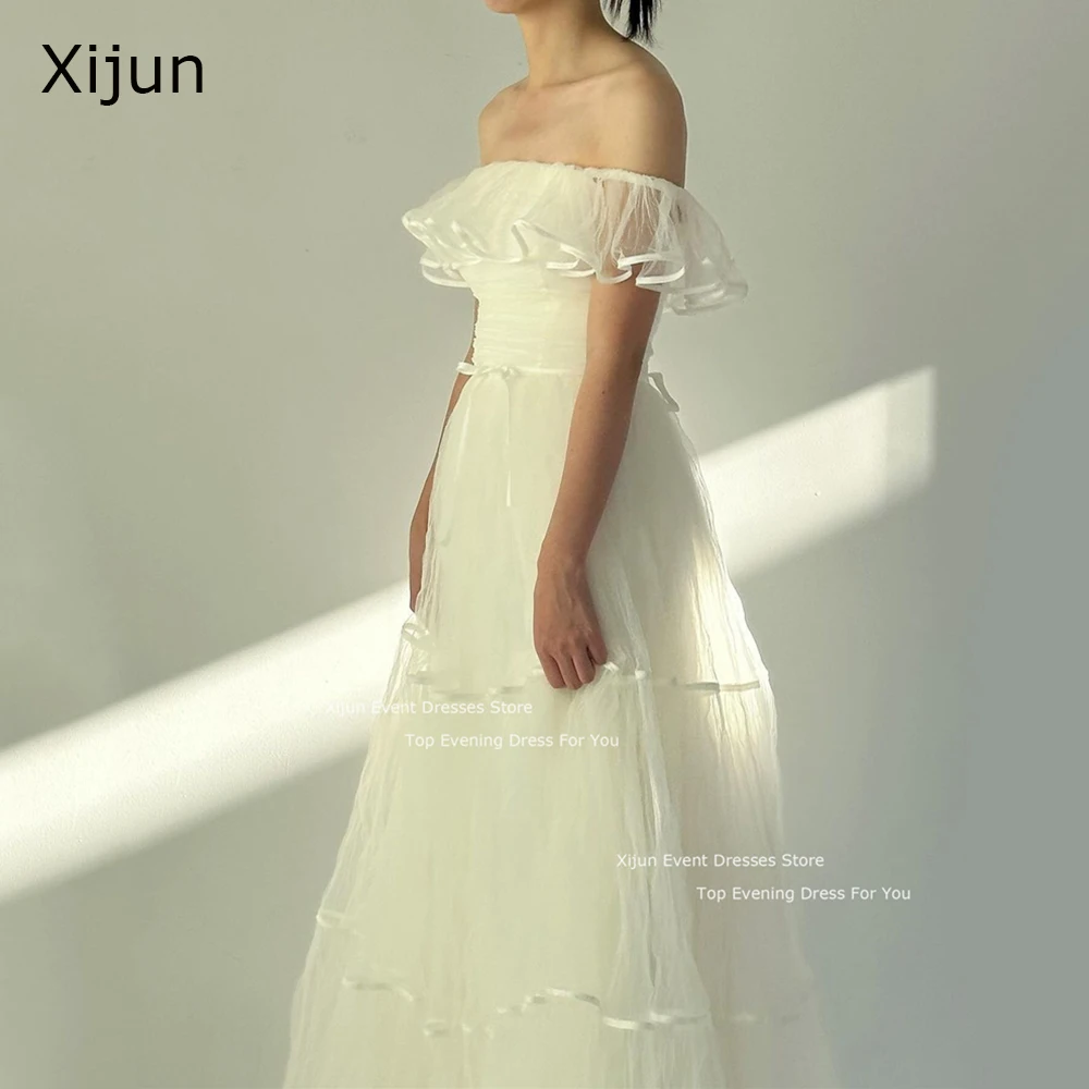 Xijun Fairy Tulle gaun pernikahan gaun Prom Korea ruffle leher perahu gaun pengantin A-Line Formal gaun pesta pemotretan