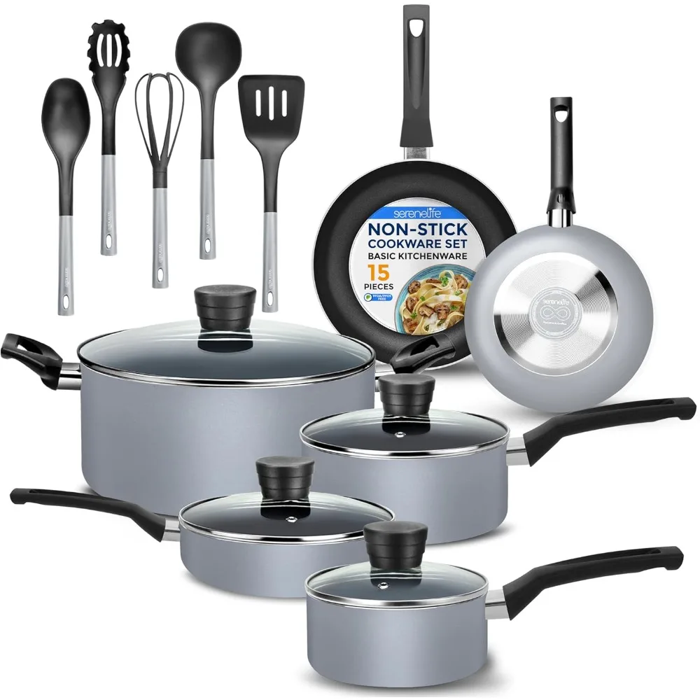 

Kitchenware Pots & Pans Basic Kitchen Cookware, Black Non-Stick Coating Inside, Heat Resistant Lacquer (15-Piece Set)