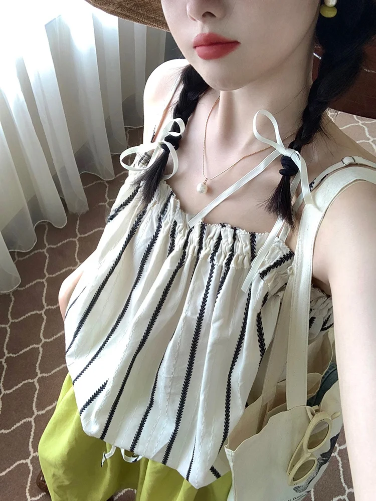 

Женский хлопковый топ-бюстье Fufufun в ретро-японском стиле с оборками, полосками и вышивкой, оригинальный дизайн, свободный крой...