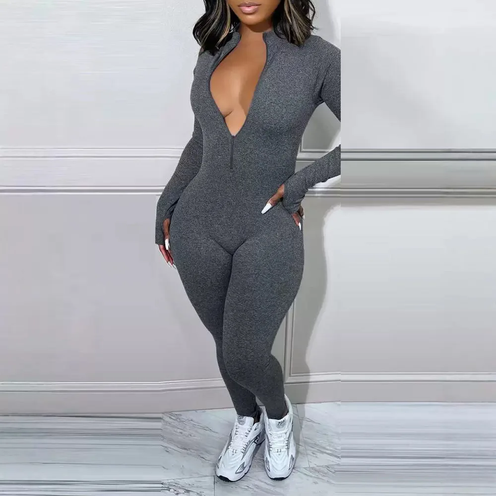 Jumpsuits Women Sheath One Piece Deep V Neck Full Sleeve Sexy Overalls Long Pants Rompers Hip Wrap Tight Waist Jumpsuit