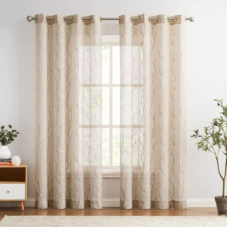 Sheer Curtains for Bedroom and Living Room: 84 Inch Length Leaf Embroidered SemiSheers with Botanical Embroidery on Transparent