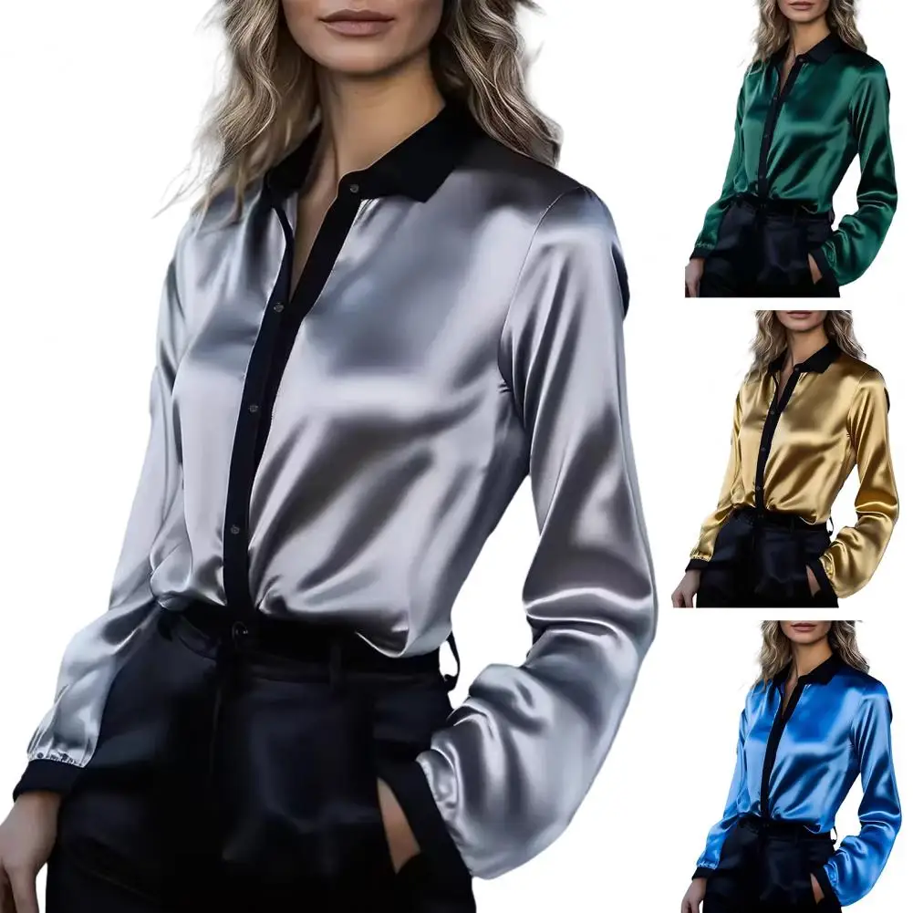 Zomertrendmode Dames Casual Elegant Satijnen shirt met lange mouwen Kantoor Damesoverhemden en blouses Slanke vrouwelijke kleding