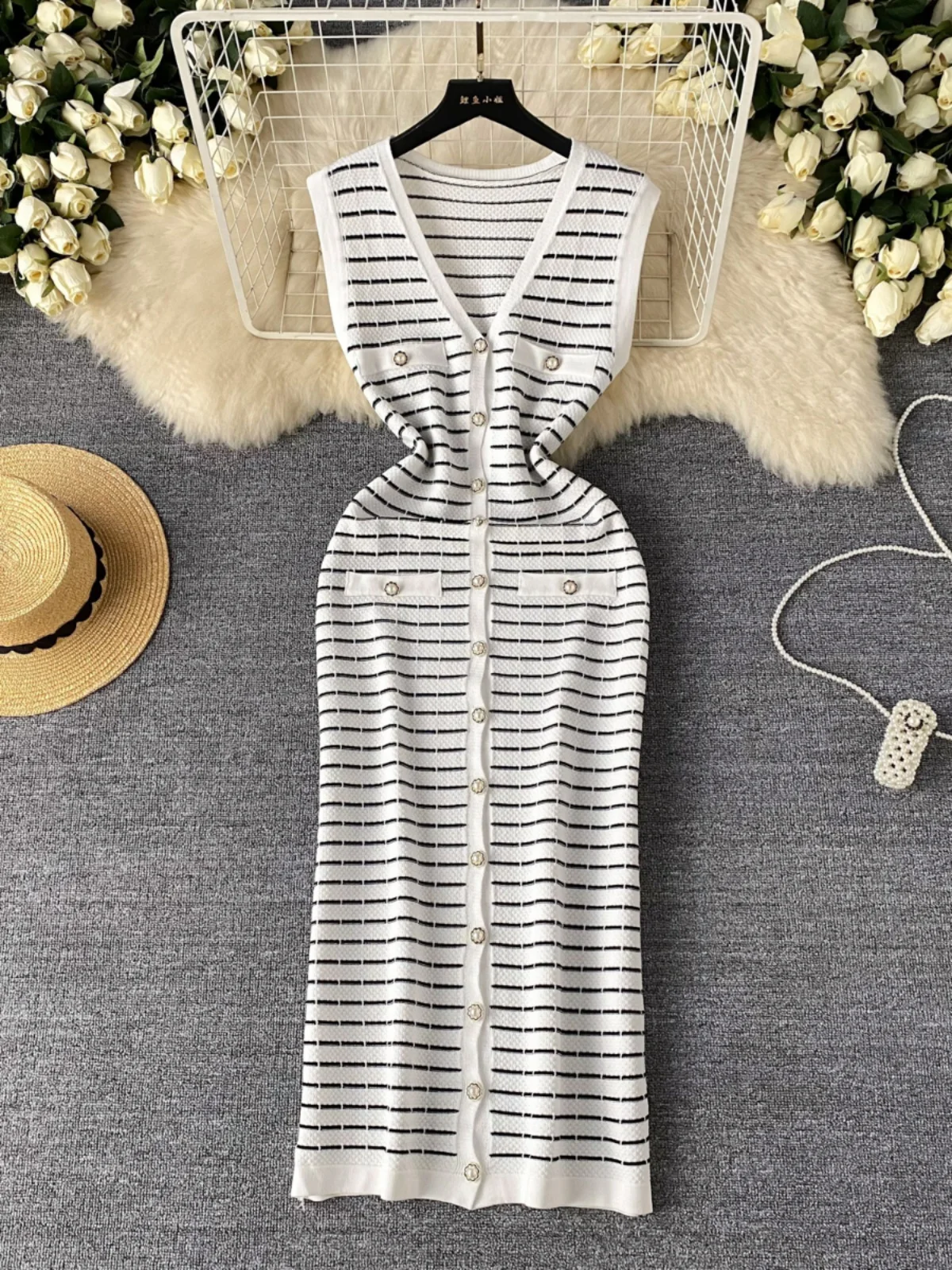 Ele rayé tricoté Long Dr femmes été haute Faion décontracté Midi gilet Dr Ladylike Quali Faionable Dr