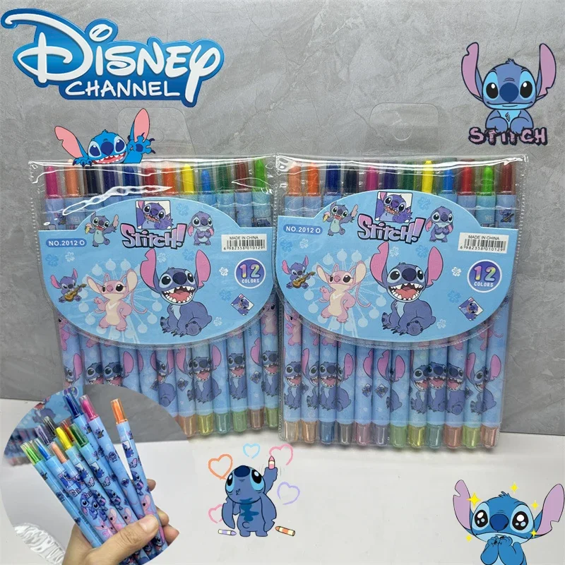 Disney Stitch Rotating Oil Pastel Cartoon 12-color Crayon Card Long Coloring Pens Students Painting Class Supplies Birthday Gift