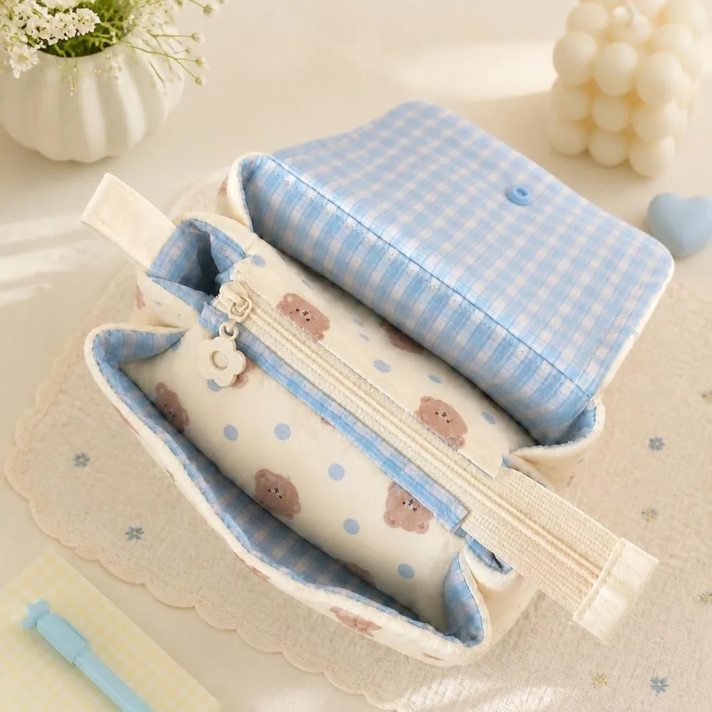 Stylish Multi-Layer Pencil Pouch Bear Printed Button-closure Pen Bag Large Capacity Portable Pencil Case Students Supplies