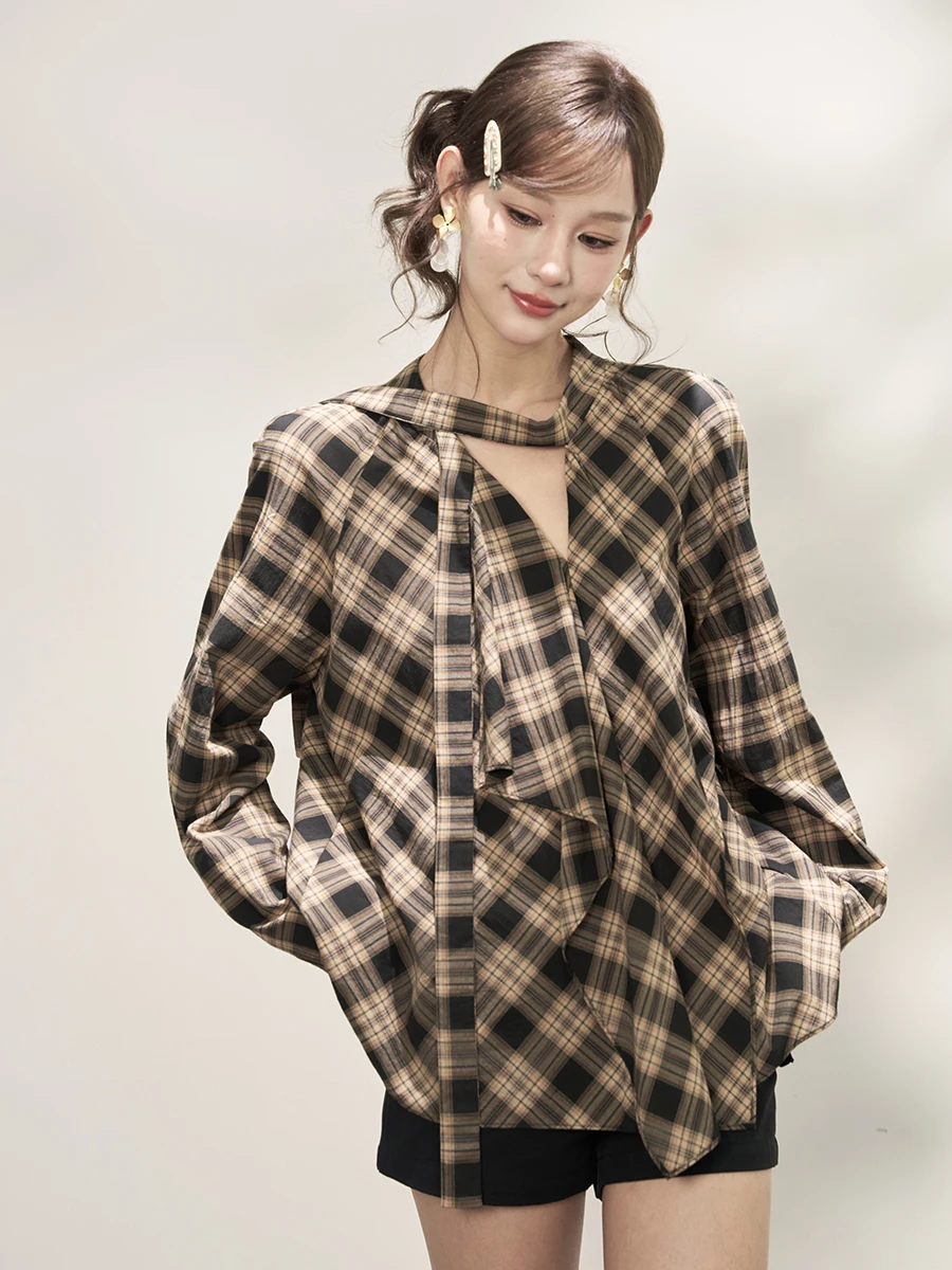 

AXIA Retro Plaid Long Sve irt Women's Early Autumn Loose Thin Hong Sle Upper Body High Sensation Small ence Plaid ...