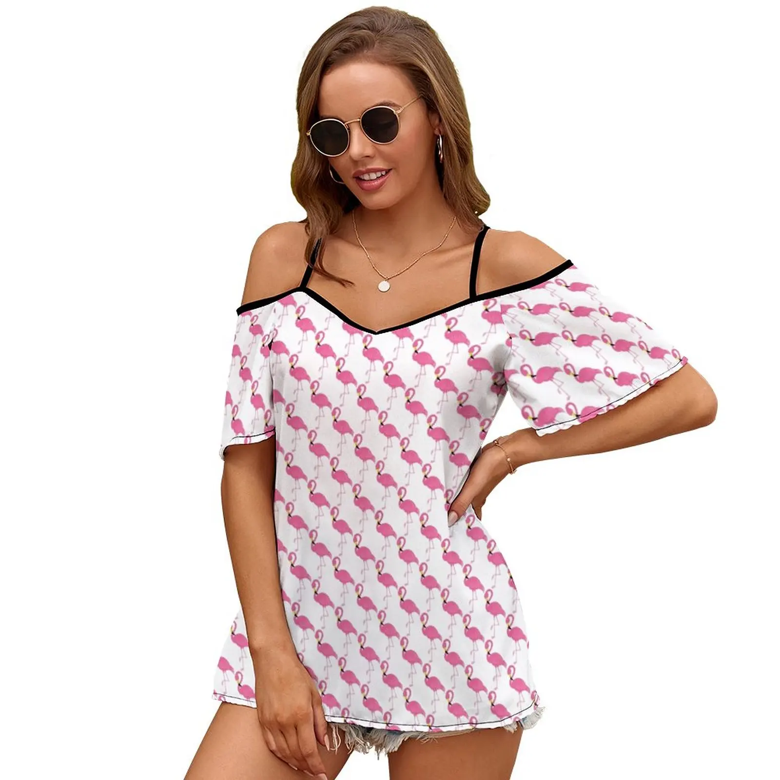 Hot Pink Flamingo Print O-Neck Off-The-Shoulder Top Short-Sleeved T-Shirt Ladies Streetwear Flamingo Pink Summer Beach Cute