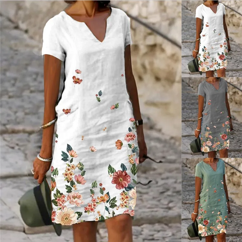 Flower print cotton and linen short-sleeved medium and long V-neck dress