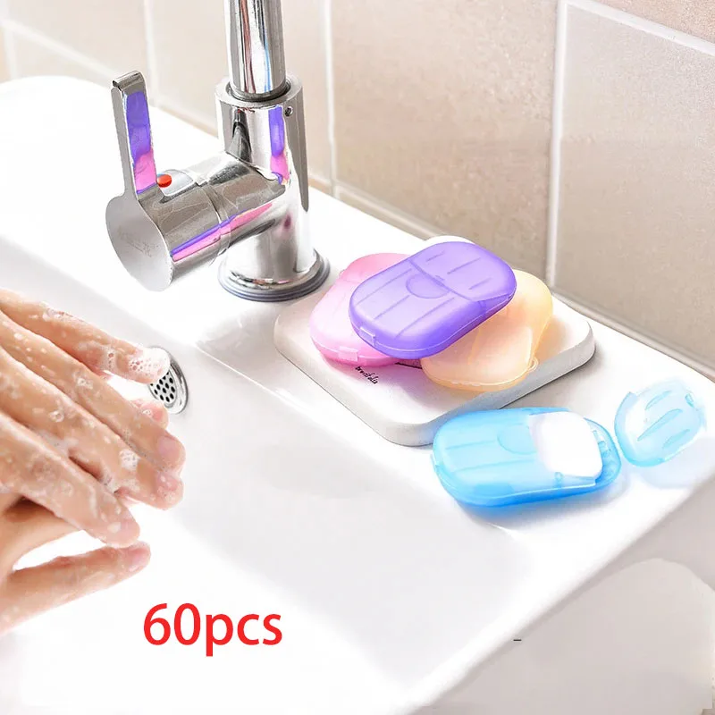 60pcs Portable Bathroom Soap Slices Bath Hand Washing Slice Sheet Outdoor Travel Scented Foaming Soap Paper Portable Soap Dishes