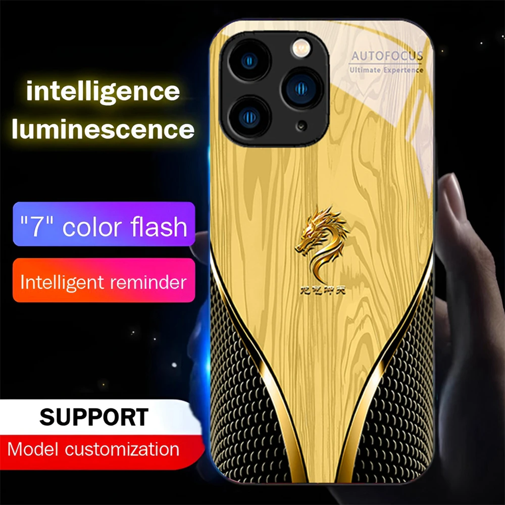 

Роскошный зернистый дракон с логотипом, светодиодная музыкальная вспышка, задняя крышка для телефона, светящийся стеклянный чехол для iPhone 16 E 15 14 13 12 11 Pro Max XR X Plus SE