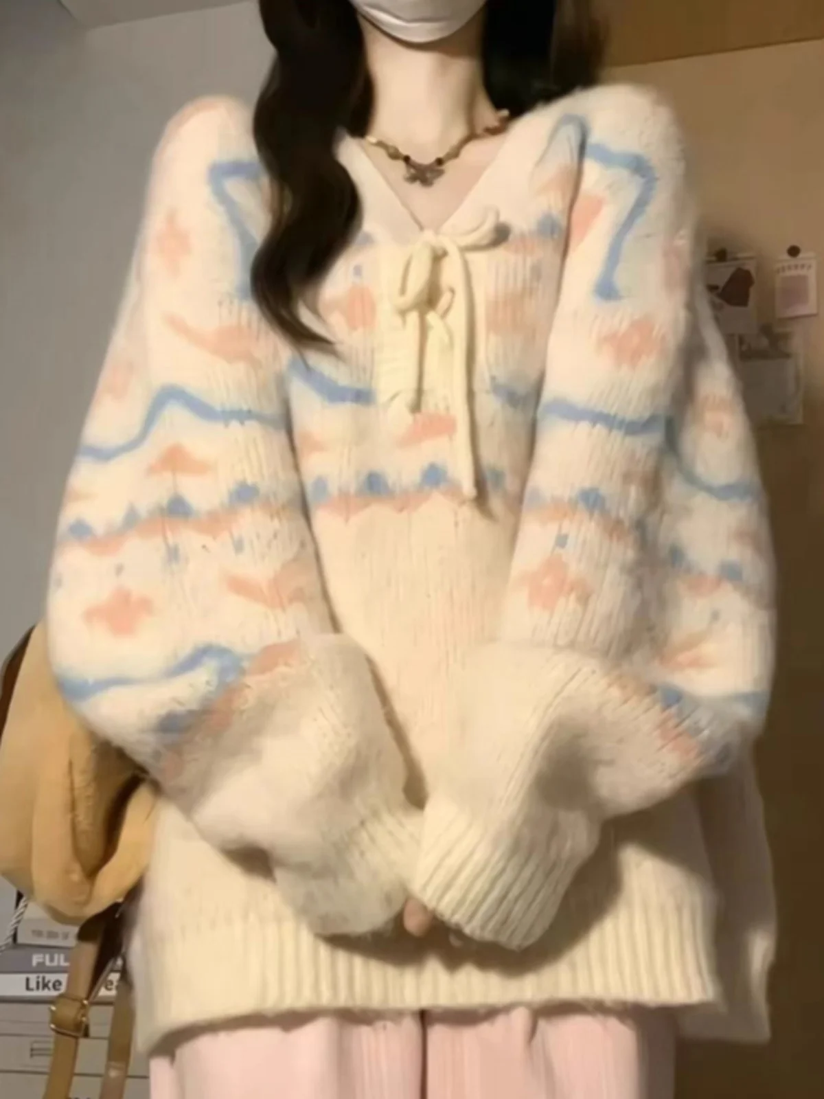 

Sweet Soft Small Size Women's V-ne Knitted Sweater Spring Autumn Loose Lazy Fufu Tied Top Comfortable Long Sve Crew Ne