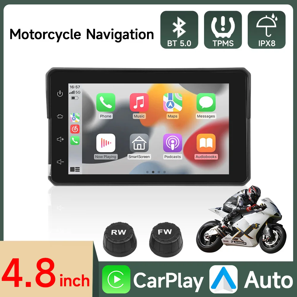 Motorcycle Monito GPS Navigation Multimedia Player Bluetooth Tire Pressure Wireless CarPlay Android Auto IPX7 Waterproof Screen