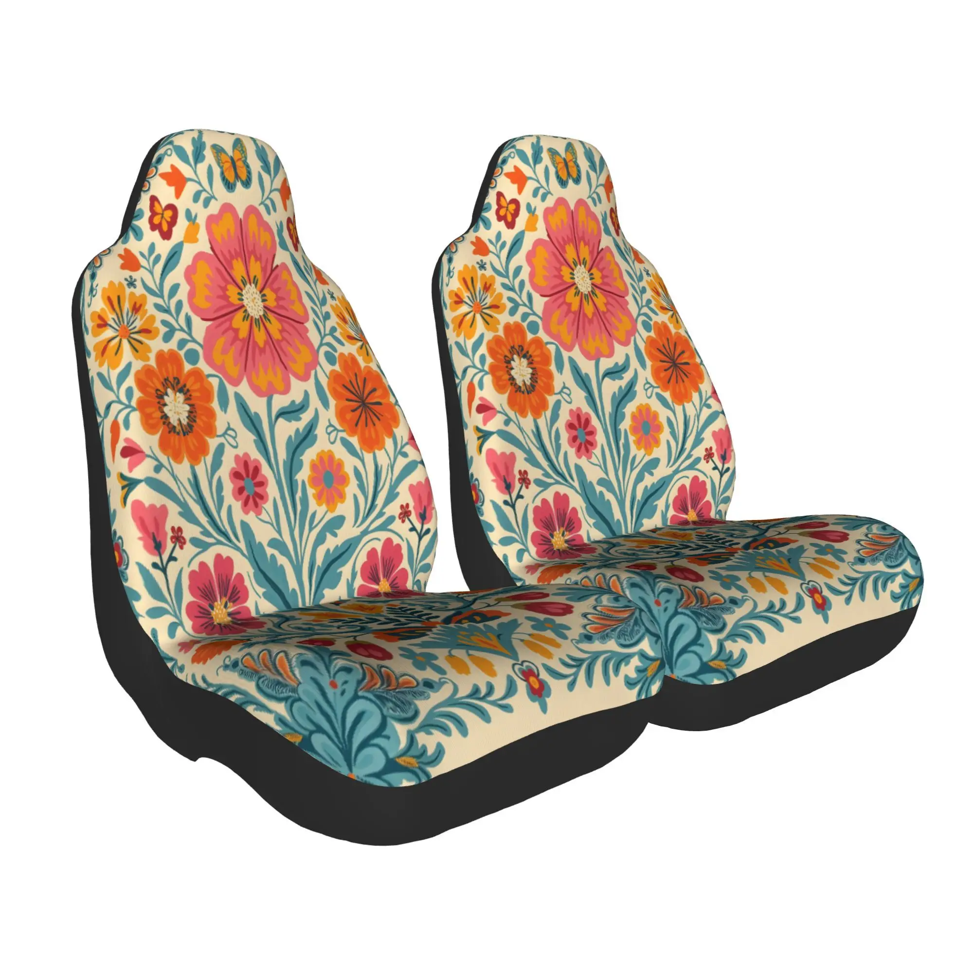 Set Of 2 Colorful Floral Tapestries In A Folk Art Design Featuring Blue And Orange Patterns For Car Seat Covers | Ideal For Suvs