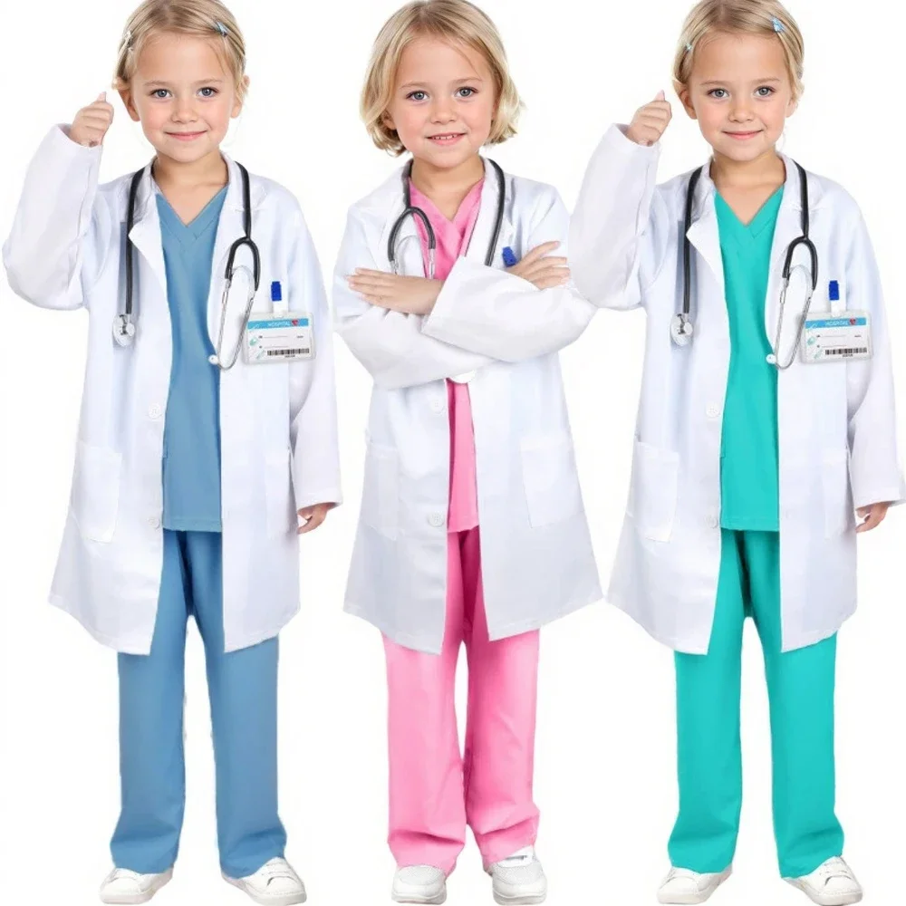 Doctor Cosplay Costume Nurse Uniform Suit Short Sleeve Pants Hat Mask Stethoscope 6Pcs Boys Girls Halloween Cosplay Surgery Gown