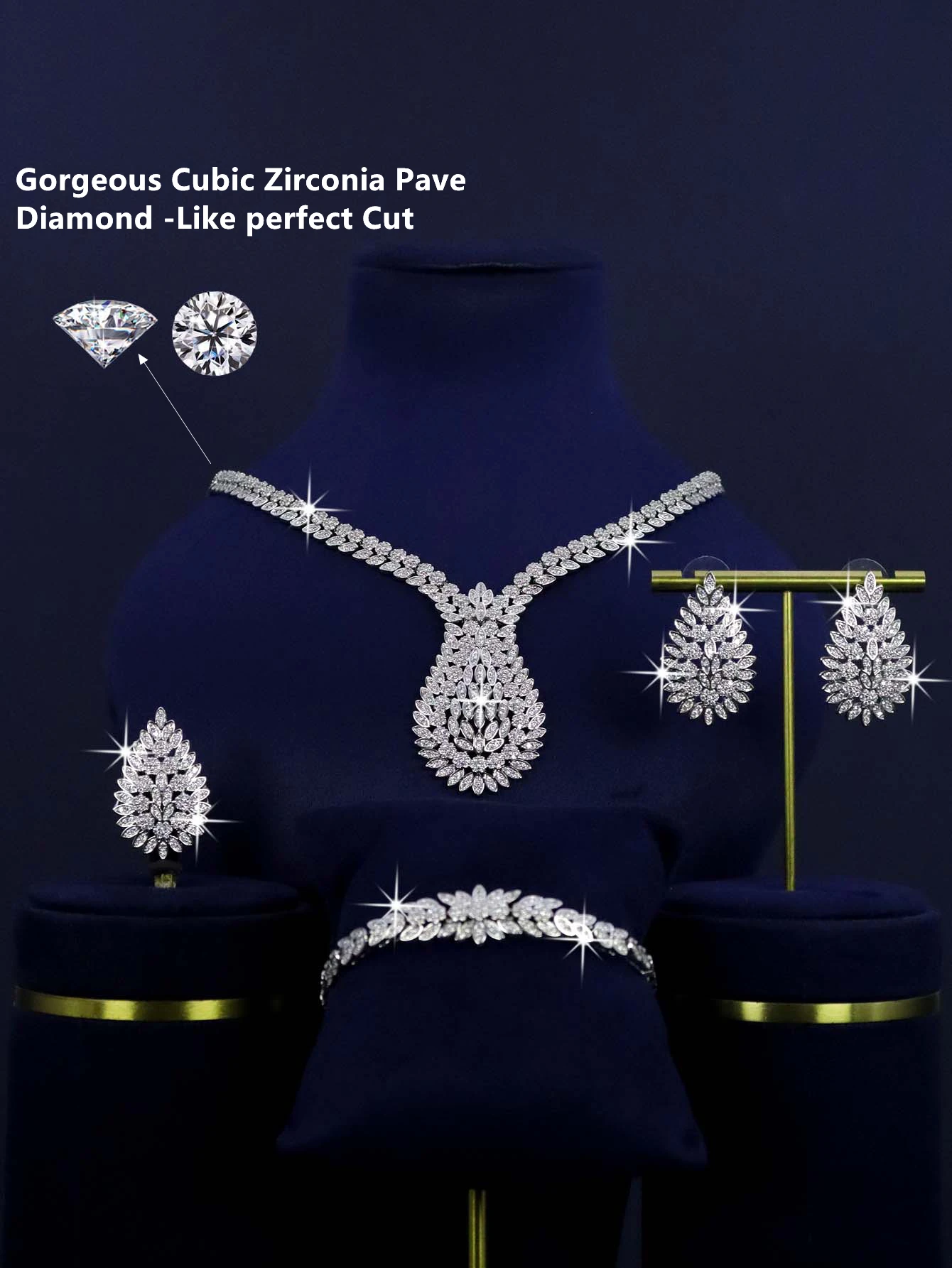 4-piece Platinum Plated Bridal Wedding Season Set Necklace, Earrings, Bracelet, Ring Inlaid with White Water Droplet Zirconia