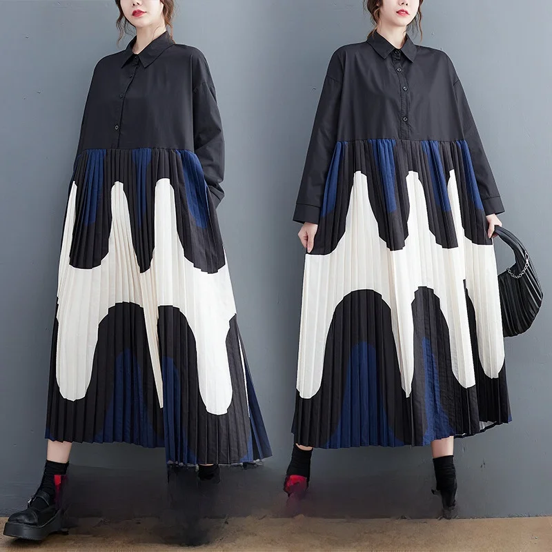 ربيع الخريف الكورية الفنية فضفاضة حجم كبير طباعة ضئيلة الربط منتصف طول الركبة فوق طويلة الدكتور المرأة مستقيم القطن... #1