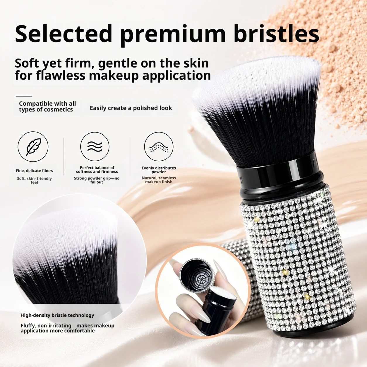Diamond-encrusted retractable powder makeup brush, portable blush foundation brush, soft-bristled high-density makeup brush