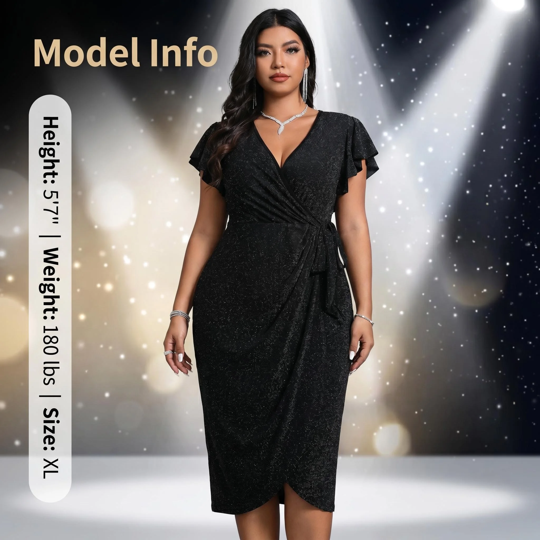 Plus-Size-Wickelkleid für Damen, V-Ausschnitt, Rüschenärmel, Glitzerstoff, Taillenband, Midi-Bodycon-Kleid, elegantes Abendkleid für Party und Club. – Detail 7