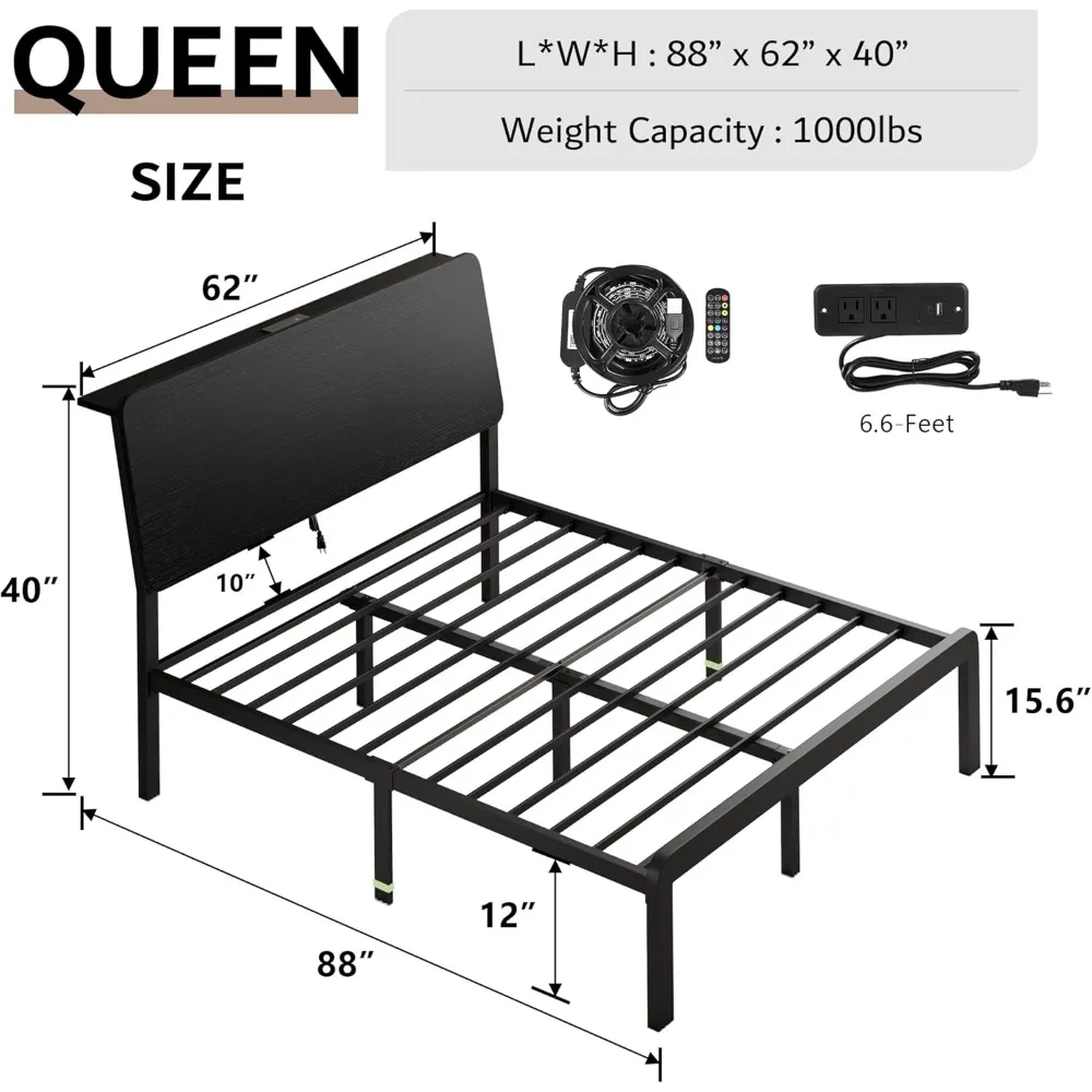 iPormis Queen Metal Bed Frame with LED Lights & Charging Station, Platform Bed with Ergonomic Storage Headboard, Steel Slats Sup