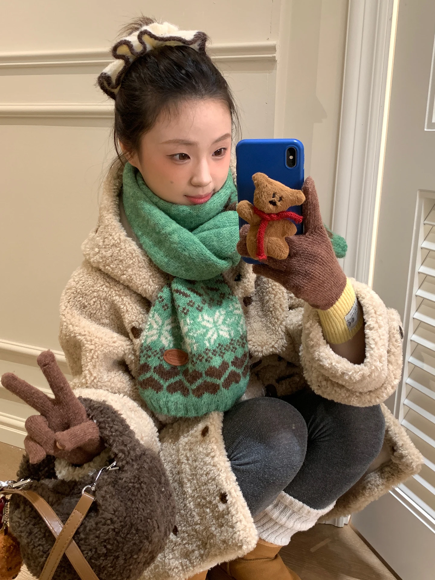 

Жаккардовый зеленый вязаный теплый шарф Fair Lsle для женщин, зимний утеплитель для шеи, утолщенный воротник, защита