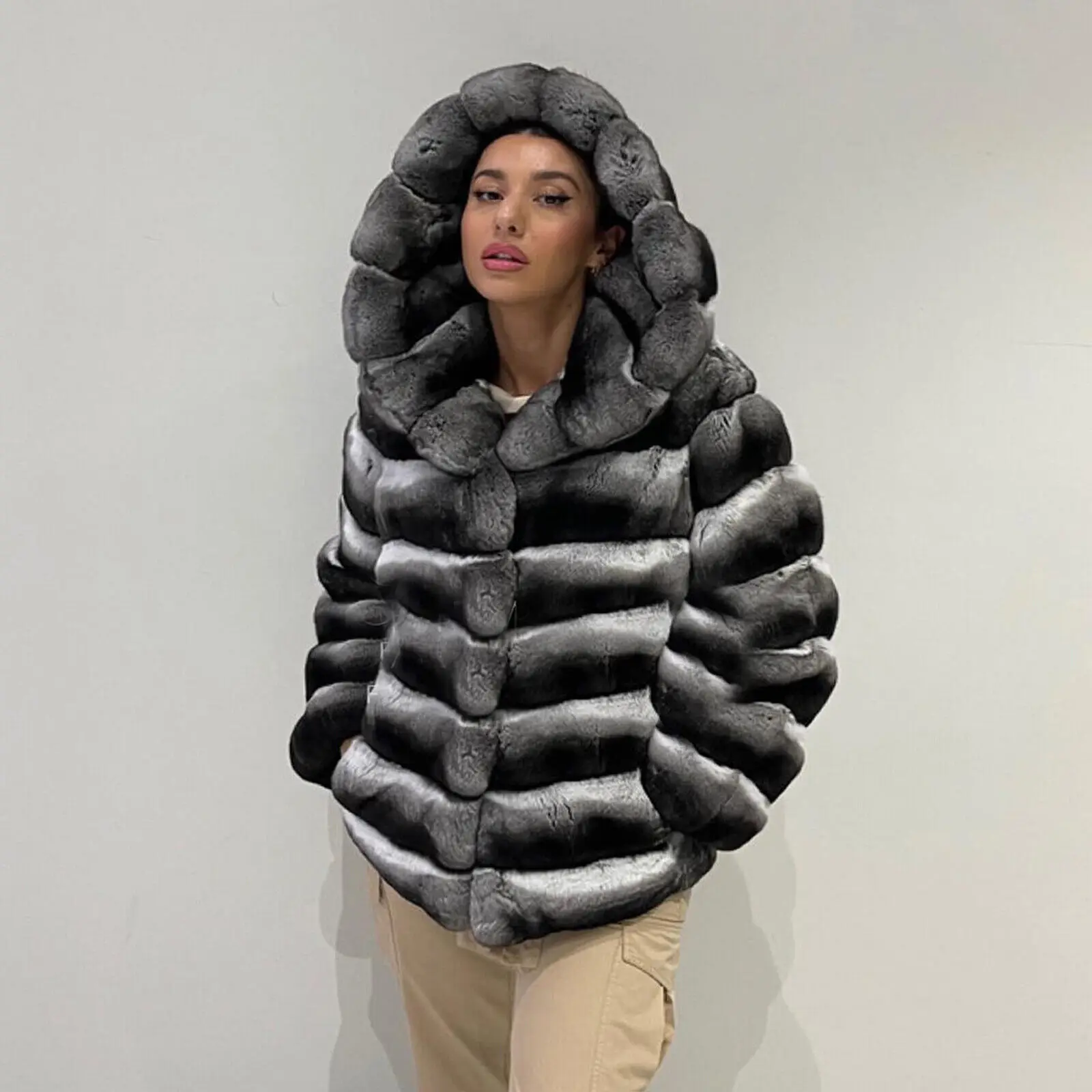 New Women Full Pelt Real Rex Rabbit Fur Hooded Coats Luxury Chinchilla Overcoat Winter Fashion Warm Thick Outwear