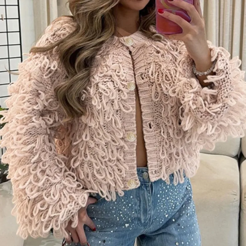 

Tassel Knitted Cardigan Women Street Chic O-Neck Long Sleeve Female Sweaters 2025 Autumn Winter Single Breasted Loose Lady Coat